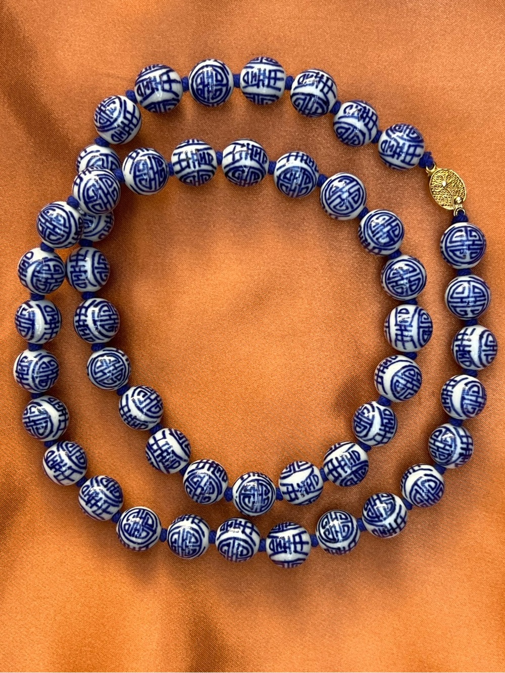 Handknotted Blue and White Asian Porcelain Bead Necklace
